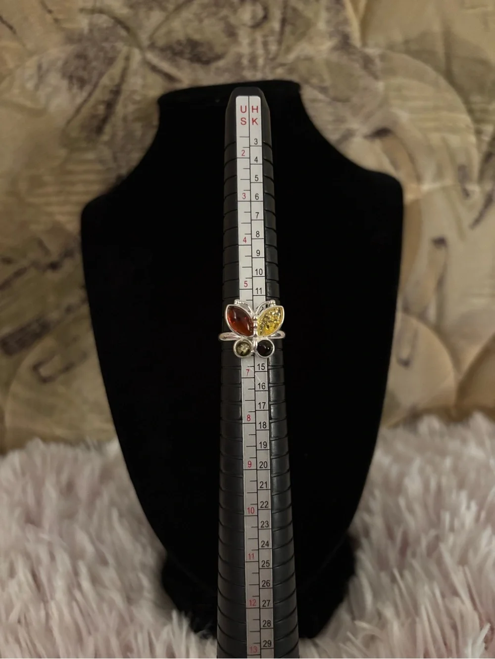 925 Sterling Silver Vintage Multi-Amber Butterfly Ring - Size 6